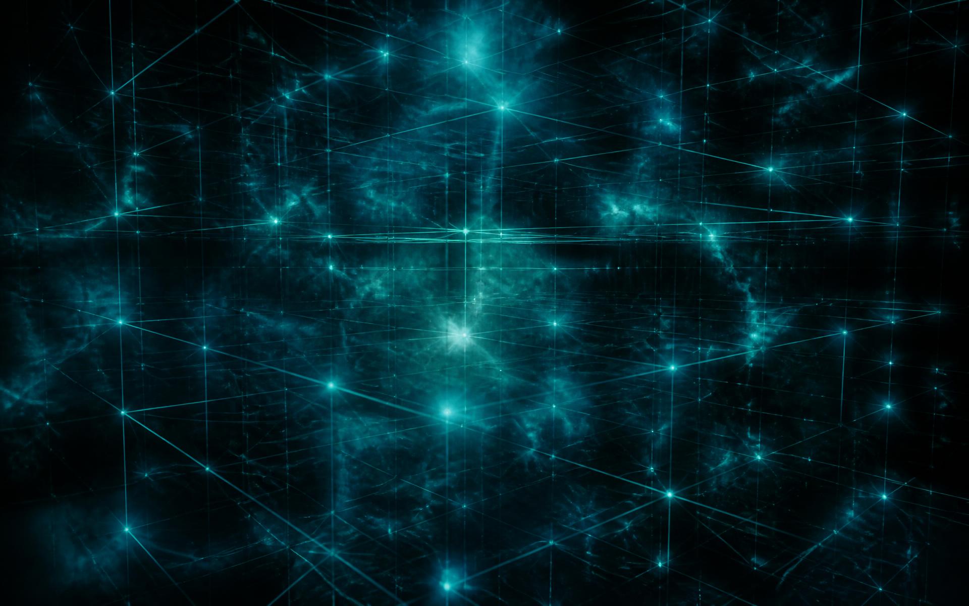 Luminous crystalline lattice of light receding into deep steel-teal darkness